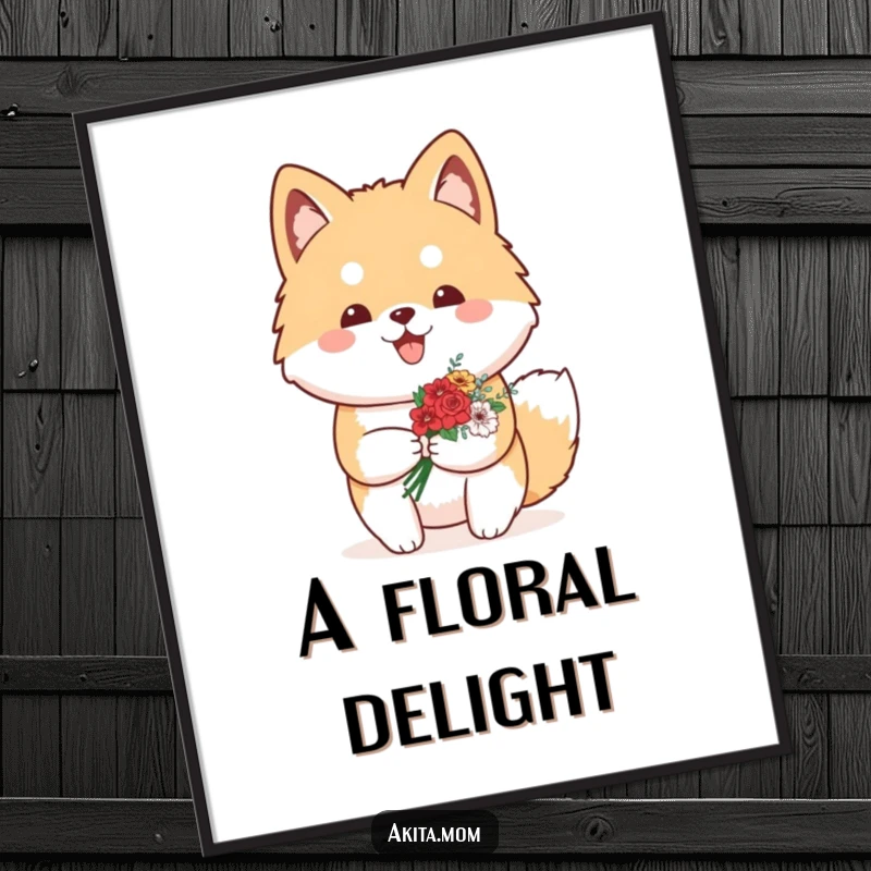 Funny Kawaii Akita digital art print of a proud dog carrying a small bouquet of flowers, symbolizing love and cheerful pride.