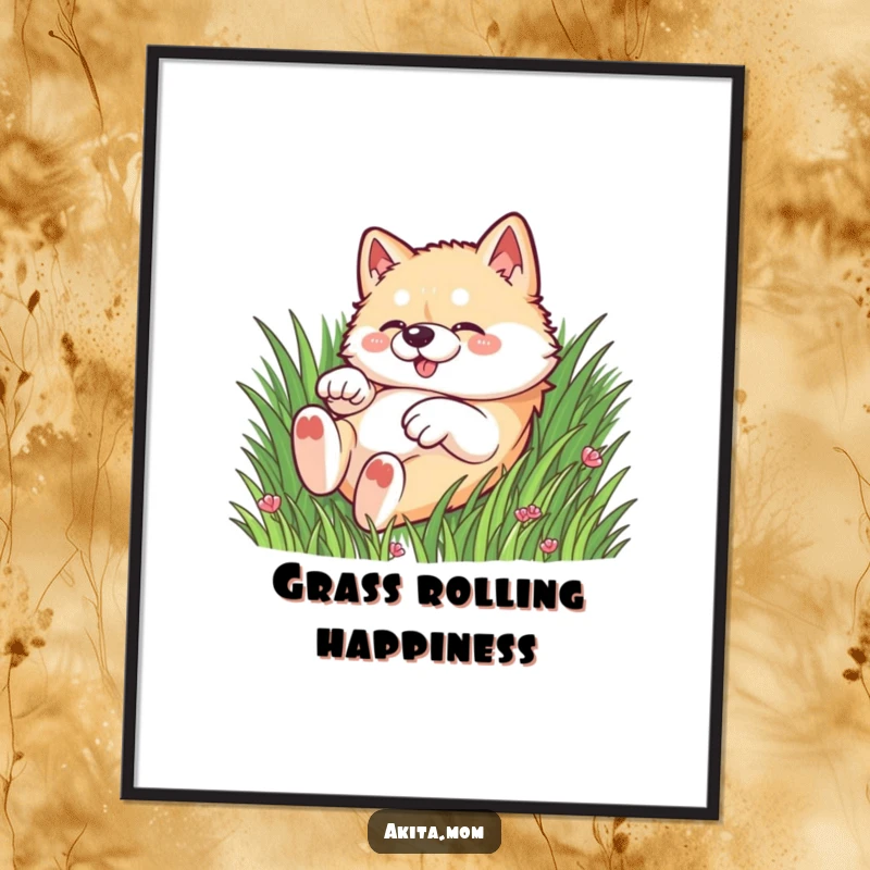 Funny Kawaii Akita dog digital art print, depicting a dog rolling playfully in the grass, ready for instant download.