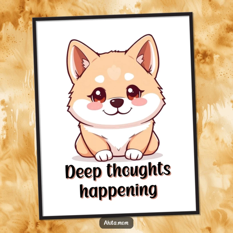 Funny Kawaii Akita digital art print of a dog with bright, intelligent eyes observing its surroundings, capturing a moment of deep contemplation.