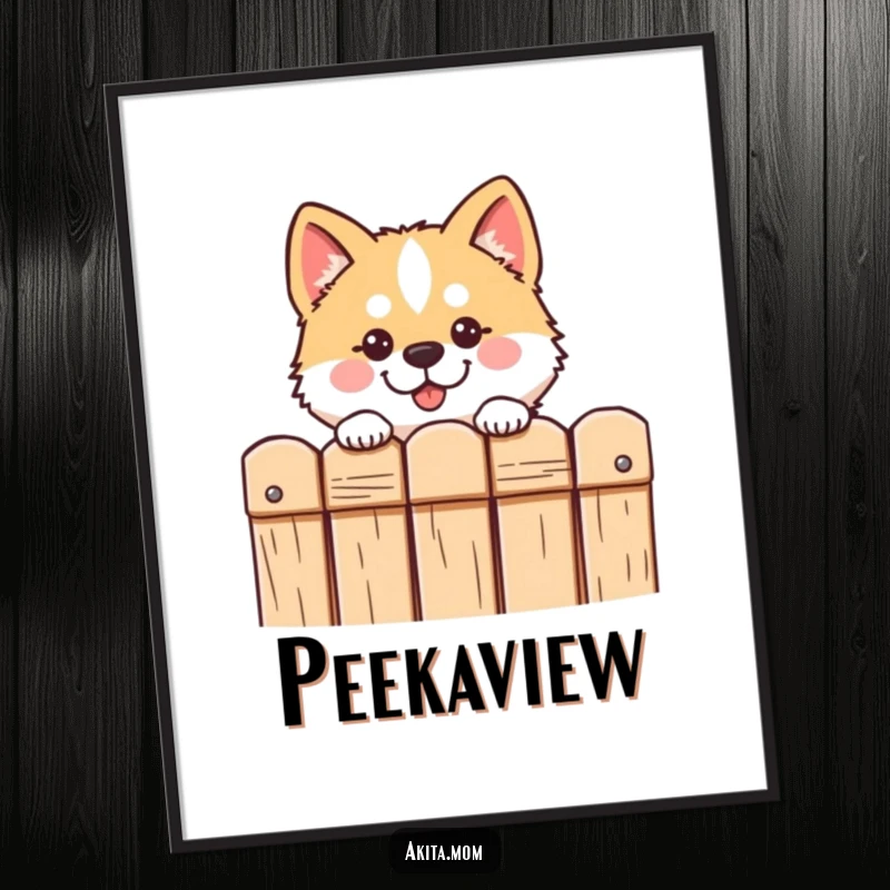 Funny Kawaii Akita digital art print shows a cute dog looking curiously over a fence, capturing a moment of friendly intrigue.
