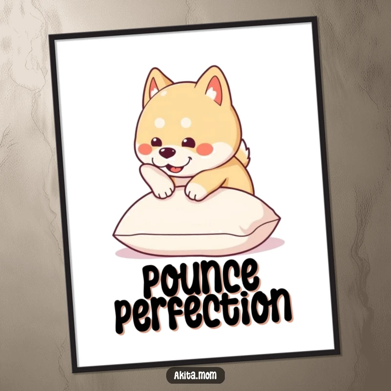 Funny Kawaii Akita digital art print shows a cute dog energetically pouncing onto a soft cushion, capturing a moment of pure fun.