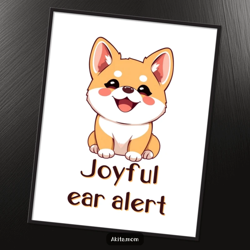 Funny Kawaii Akita Digital Art Print, a joyful dog with perked ears listening intently, heartwarming and cute, instant funny gift download.