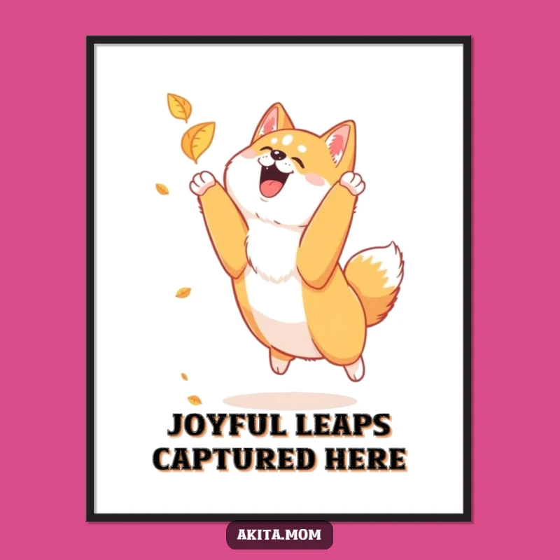 Funny Akita Leaf Chase Digital Art: Autumn Joy for Your Walls