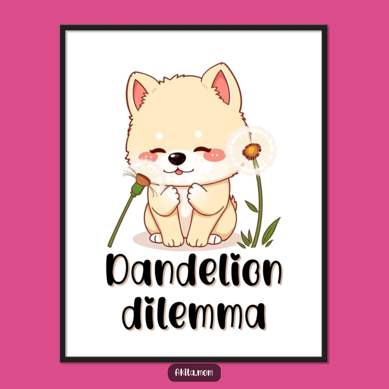 Kawaii Akita Dandelion Digital Art Print: Whimsical Wall Decor