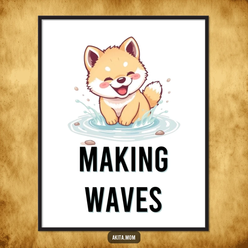 Funny Akita cub digital art print of a cute puppy giggling and splashing in a stream, offering instant downloadable humor and charm.