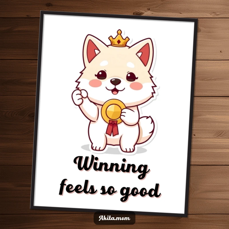 Proud Akita Prize Digital Art Print: A proud Akita character holding up a small prize, showcasing accomplishment and celebration.