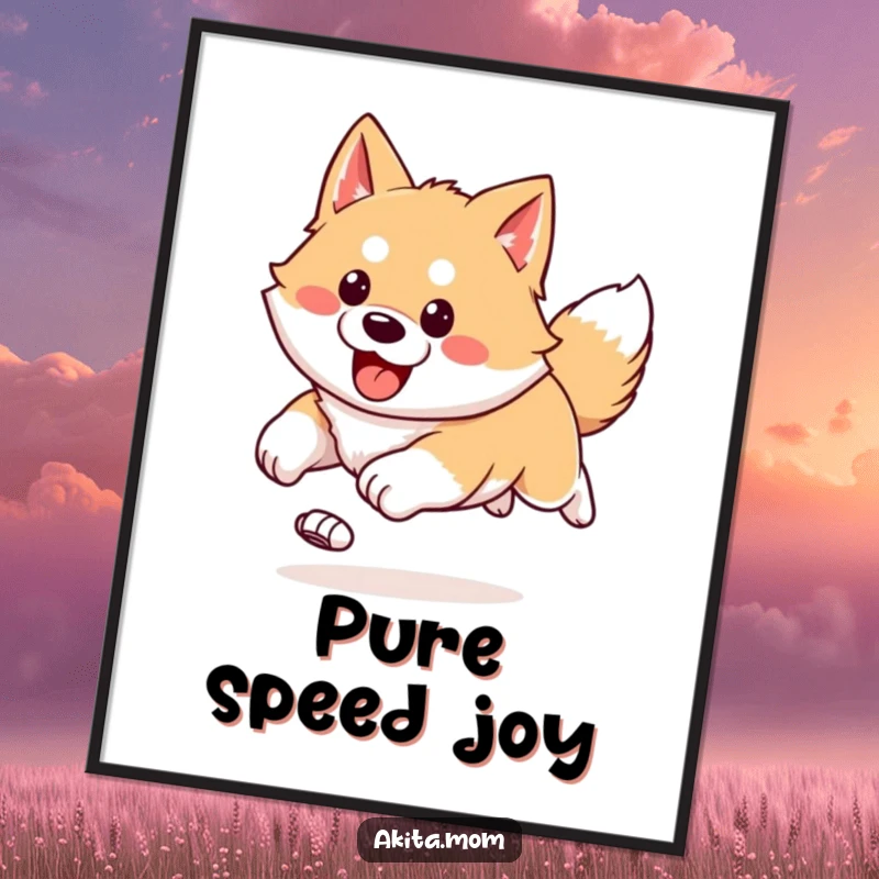 Funny Kawaii Akita digital art print of an Akita doing a happy, bounding run with ears flying.