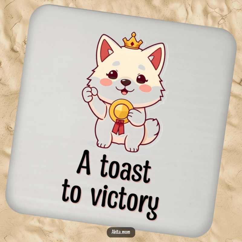 Proud Akita Prize Coasters: A proud Akita dog holding up a small prize, adding a touch of prideful celebration.