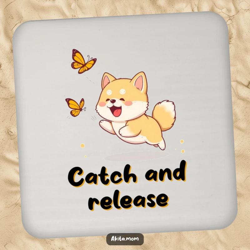 Funny Akita cub coaster showing a puppy chasing a butterfly, protecting surfaces with adorable puppy humor.