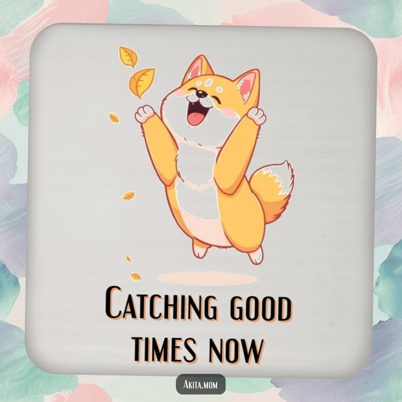 Funny Akita leaf chase coaster showing a loyal Akita joyfully leaping to catch a falling leaf, adding a touch of whimsy.