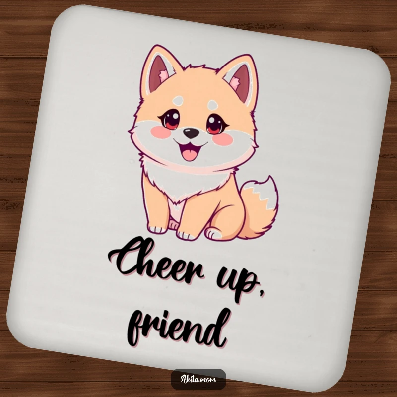 Funny Akita coasters depicting an eager dog with bright eyes and a wagging tail. Humorous and practical gift.