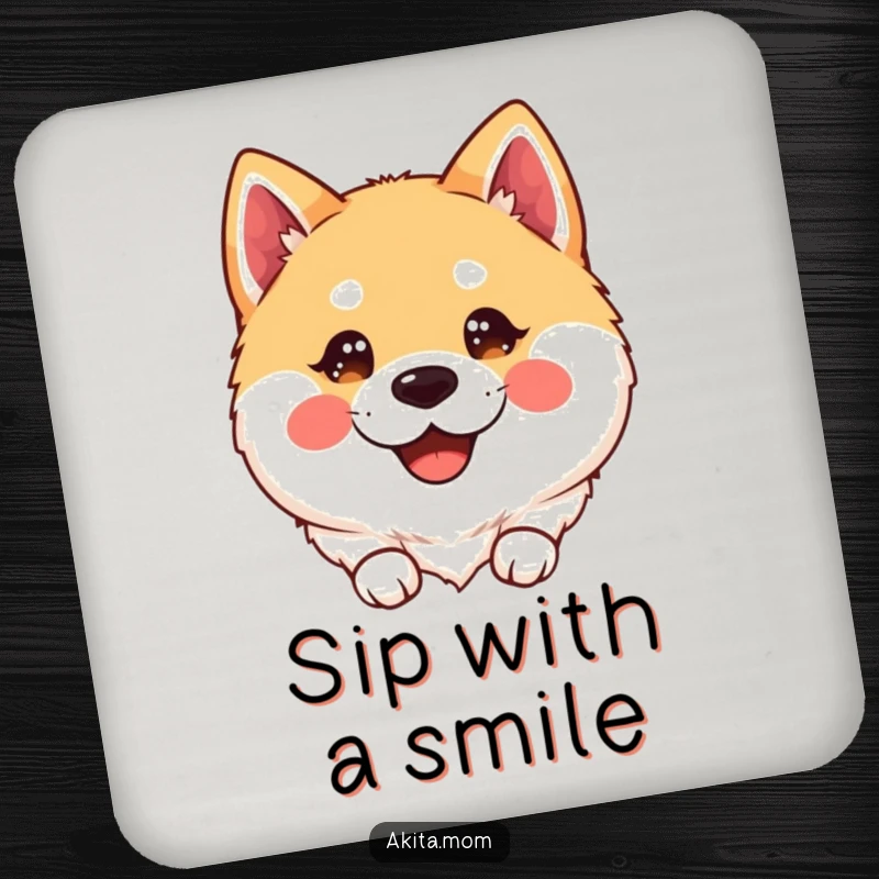 Happy Kawaii Akita Coasters: A smiling kawaii Akita with sparkling, happy eyes, adding joy and protection to tables.
