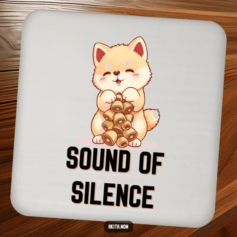 Funny Akita cub coaster showing a puppy balancing a stack of delicate bells, protecting surfaces with puppy charm.