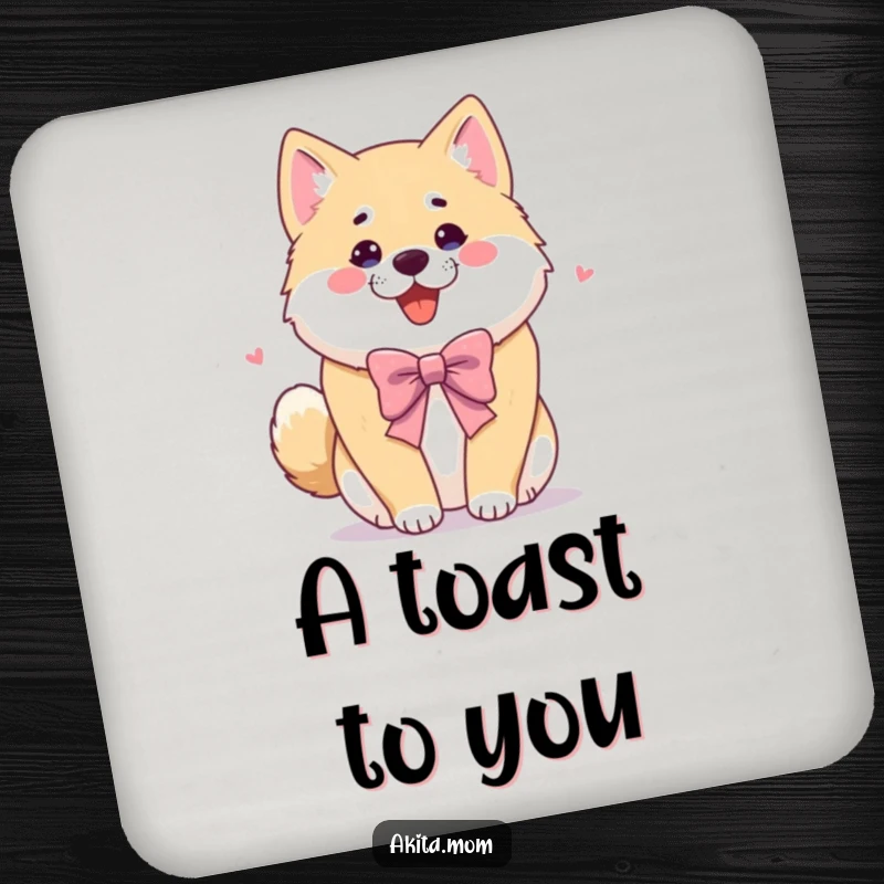 Funny Akita coasters depicting a dog offering a playful bow. Humorous and practical gift for table protection.