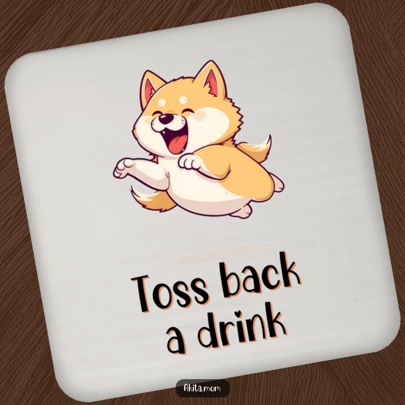 Funny drink coaster featuring an Akita dog in a dynamic, playful leap, adding a touch of energy.