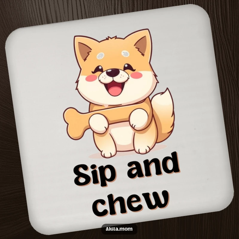Funny Kawaii Akita dog drink coasters, featuring a dog with a radiant smile holding a bone, adding humor to surfaces.