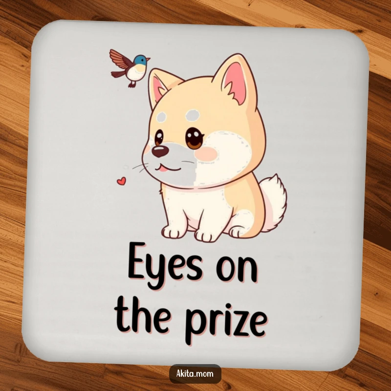 Funny Kawaii Akita coaster, depicting a dog with a focused gaze watching a distant bird, ideal for protecting surfaces with vigilant canine art.