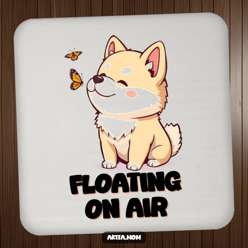 Funny Kawaii Akita drink coasters protecting tables with a playful Akita observing a fluttering butterfly.