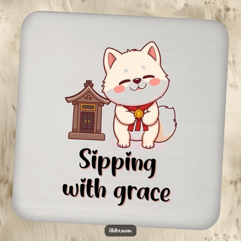 Funny Kawaii Akita drink coasters protecting tables with a dignified, winking Akita standing next to a miniature shrine.