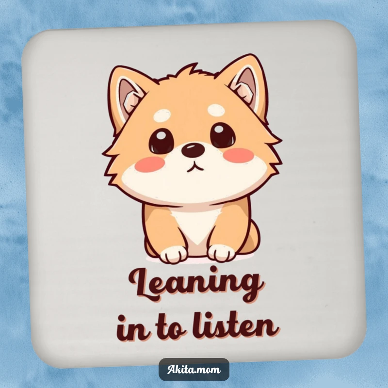 Funny Kawaii Akita coasters showing a dog with a curious head tilt, listening intently. Humorous coasters for tables.