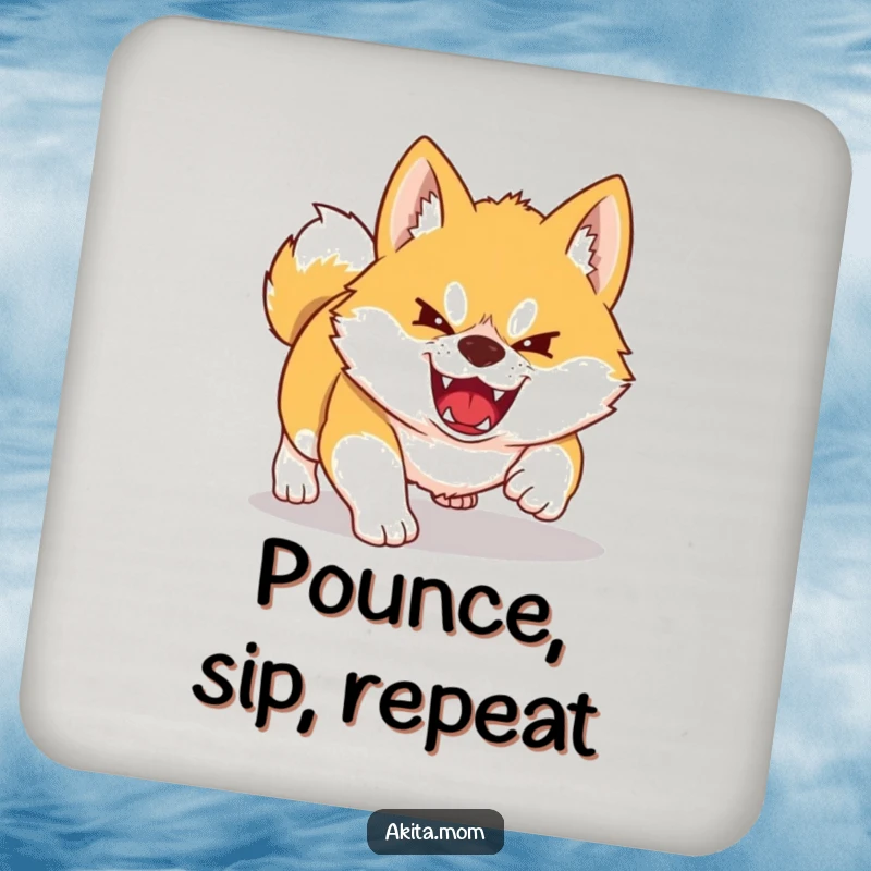 Funny Kawaii Akita coasters showing a dog playfully pouncing. Humorous protection for tables.