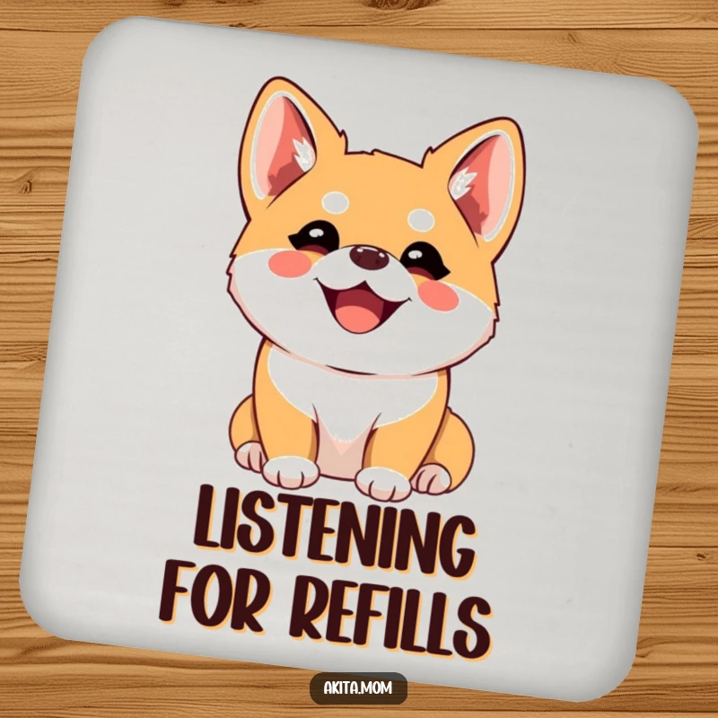 Funny Kawaii Akita Coaster, a happy dog with perked ears listening intently, protects furniture, ideal funny gift.