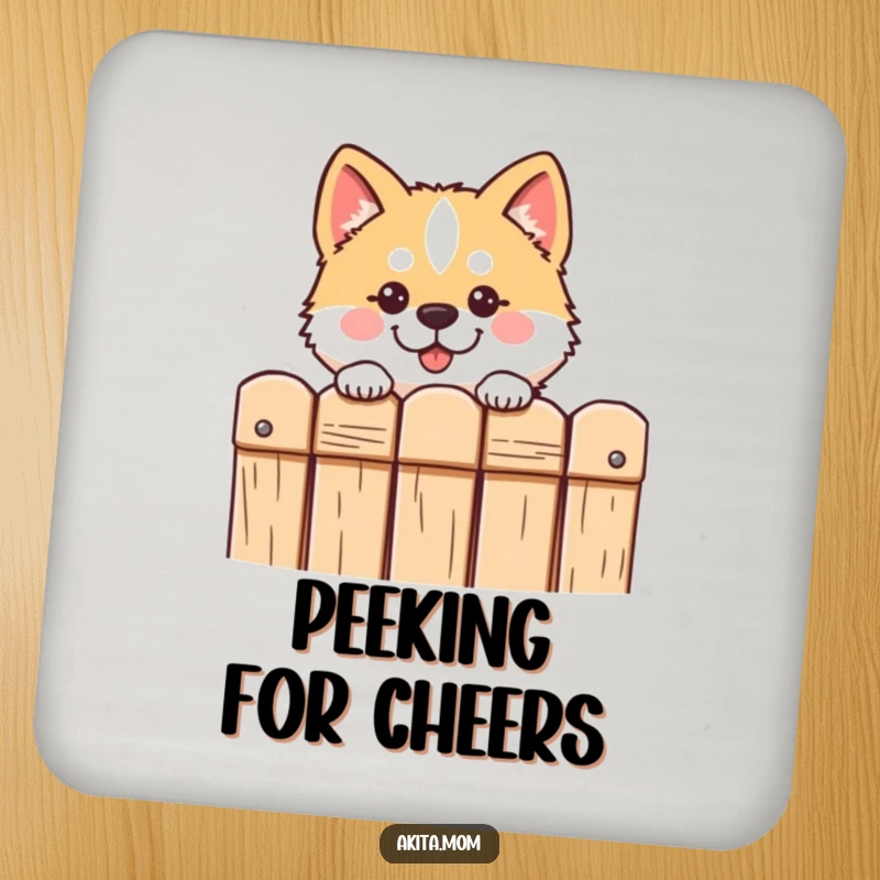 Funny Kawaii Akita coaster shows a cute dog peering curiously over a fence, safeguarding surfaces with humor.
