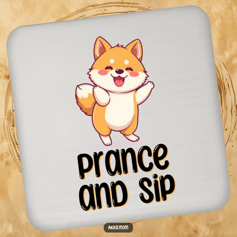 Funny Kawaii Akita Coaster: Adorable dog character in a funny, spirited prance, adding cute charm to any surface.