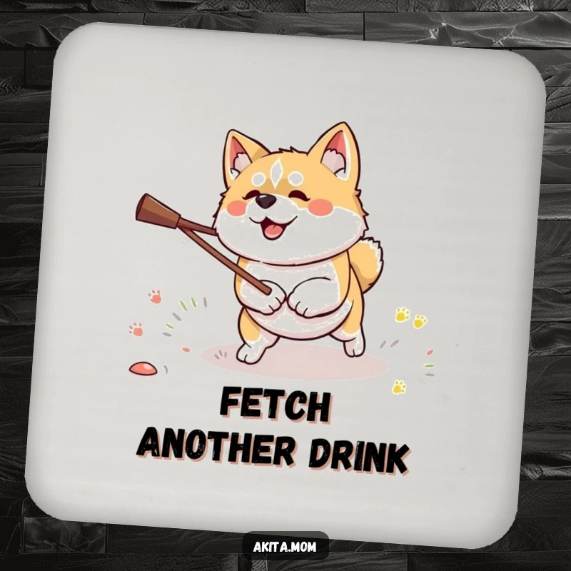 Funny Kawaii Akita dog drink coasters, featuring a dog with determination fetching a stick, adding motivation to surfaces.