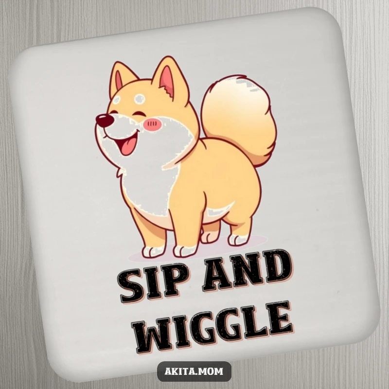 Funny Kawaii Akita coasters (set of 4) depicting a happy dog doing a signature wiggle with its curled tail, for stylish protection.