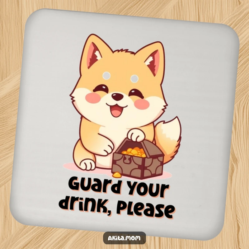 Funny Akita treasure guardian coaster showing a happy Akita protectively guarding a small treasure, adding a touch of loyalty.