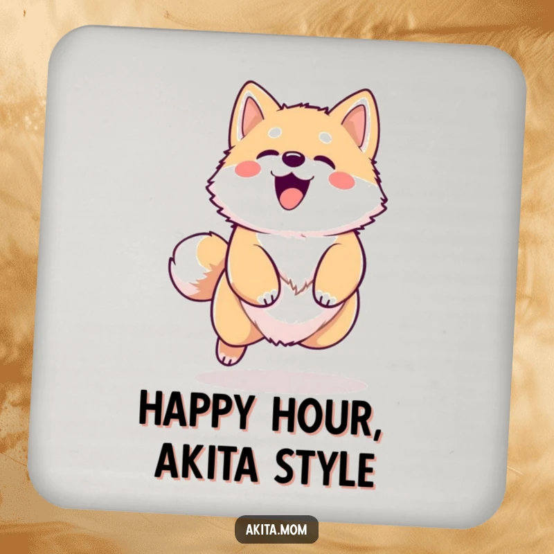 Funny Kawaii Akita coaster, depicting a happy dog barking and leaping, ideal for protecting surfaces from drinks with a dose of canine art.