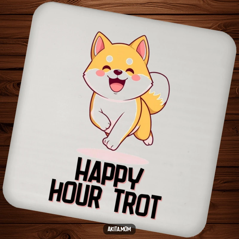 Funny Kawaii Akita coaster, a happy dog trotting energetically with a curved tail, adding fun to drink protection.