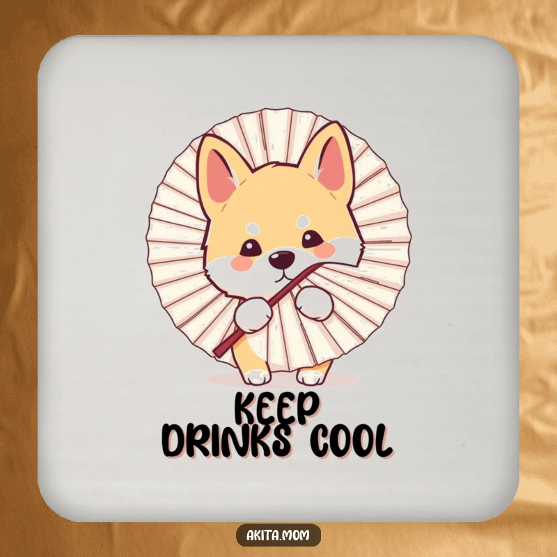 Funny Kawaii Akita dog drink coasters, depicting a peek from behind a fan, protecting furniture with playful humor and cute design.