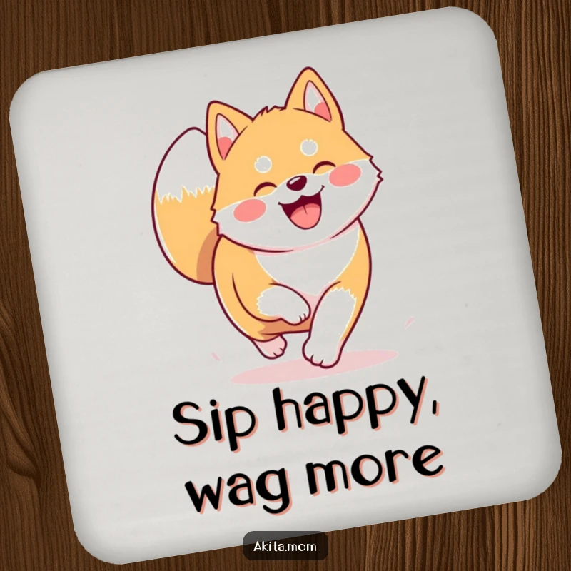 Funny Kawaii Akita coasters showing a dog trotting happily. Humorous coasters for table protection.