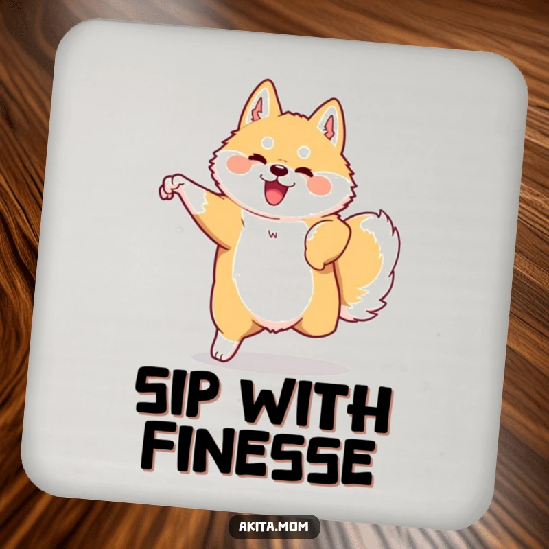 Funny Kawaii Akita coasters showing a dog in graceful, swift movement. Humorous protection for tables.