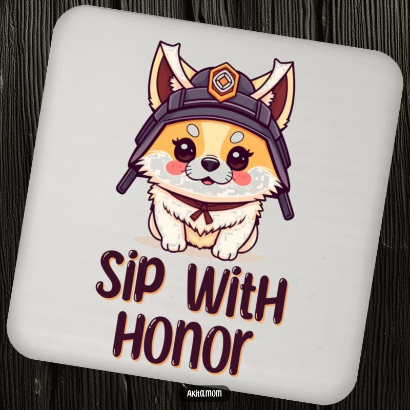 Funny drink coaster featuring an Akita dog proudly wearing a small samurai helmet with warrior-like flair.