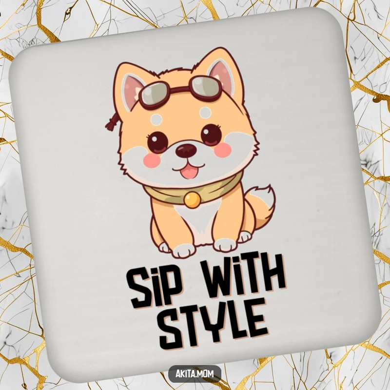 Funny Kawaii Akita dog drink coasters, featuring a dog wearing a charming accessory, adding style to surfaces.
