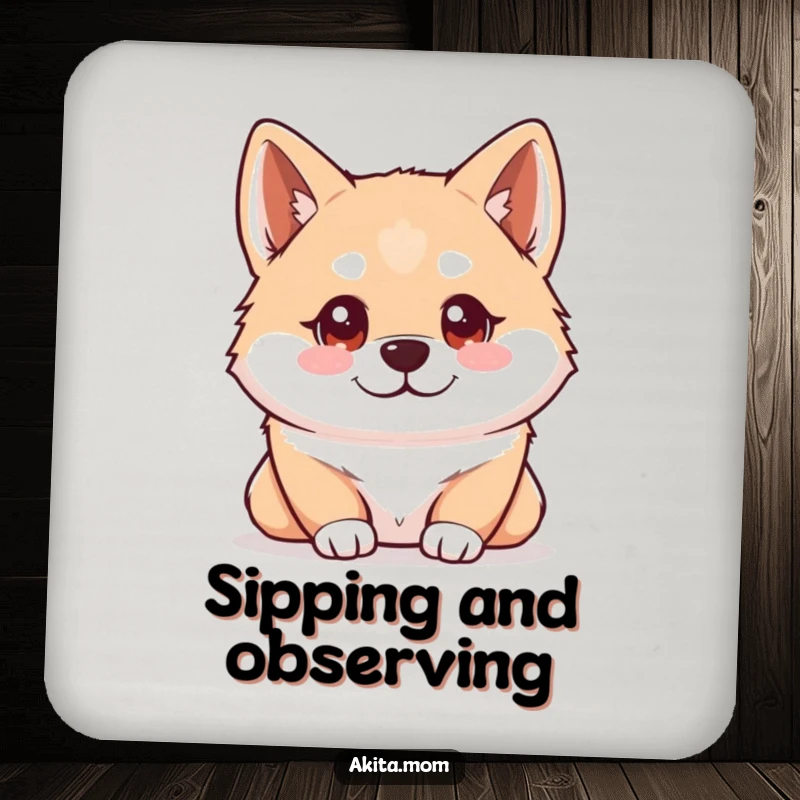 Funny Kawaii Akita drink coaster displaying a dog with bright, intelligent eyes observing its surroundings, adding a smart touch to any table.