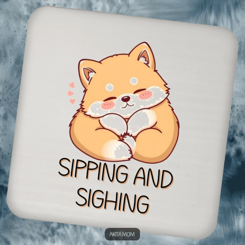 Funny Kawaii Akita coaster, depicting a dog curling up contentedly with a soft sigh, ideal for protecting surfaces with serene canine art.