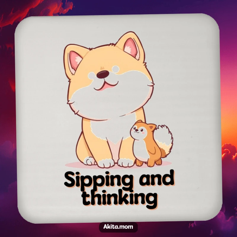 Funny drink coaster featuring an Akita dog with a characteristic head tilt, looking at a toy with interest.