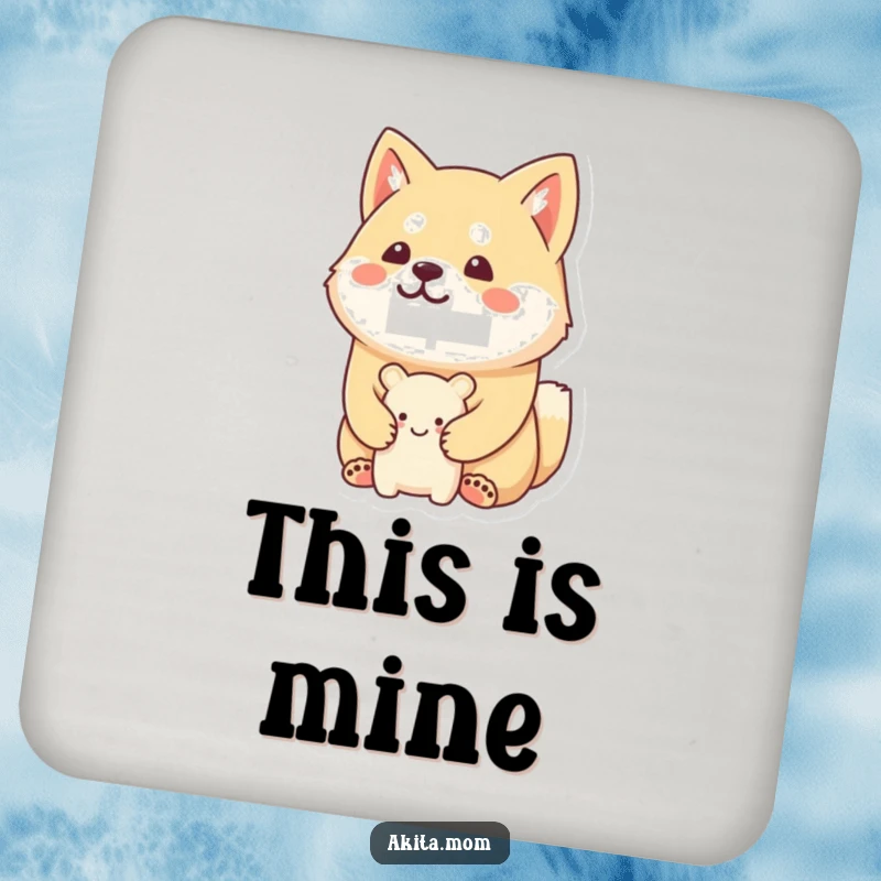 Funny Kawaii Akita drink coasters protecting tables with a happy, stoic Akita guarding a tiny, smiling toy.