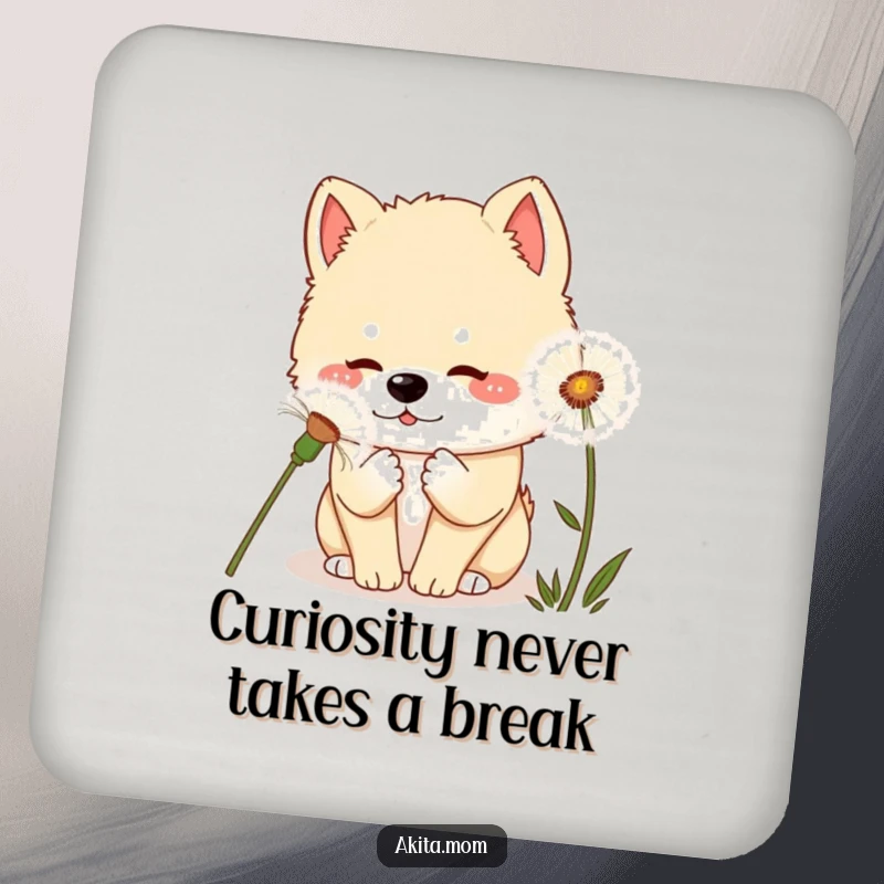 Curious Kawaii Akita Dandelion Coasters: A kawaii Akita dog curiously sniffing a giant dandelion, adding whimsical charm to any setting.