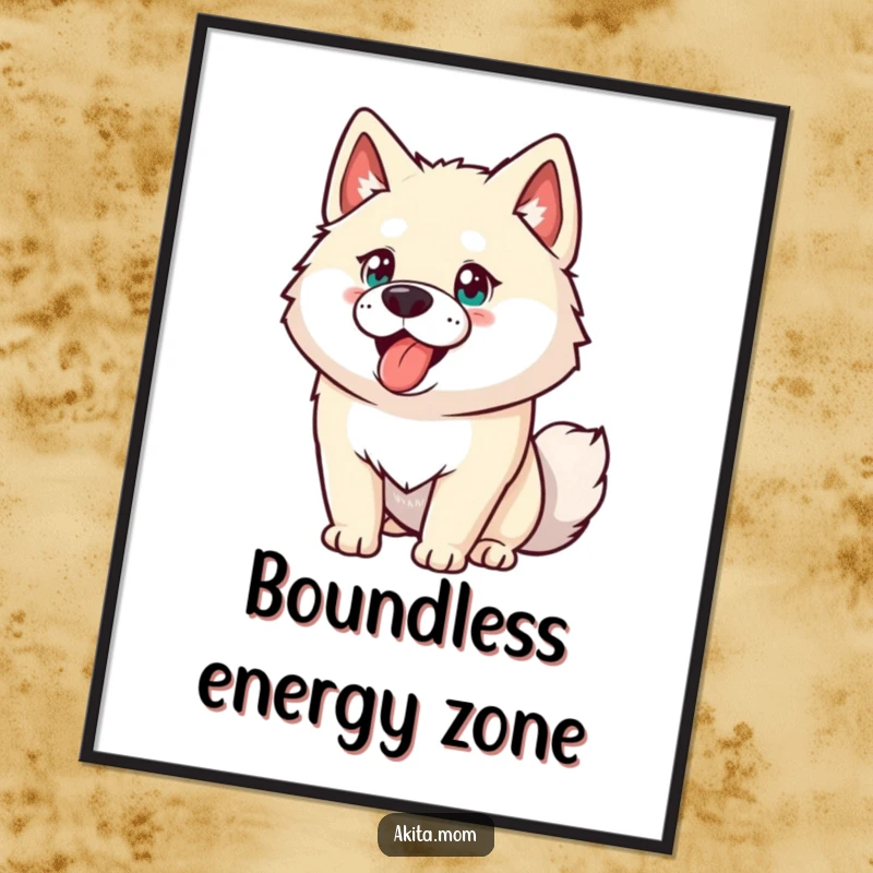 Funny Akita poster showcasing an energetic dog in a dynamic pose. Humorous wall art and a great gift for dog lovers.