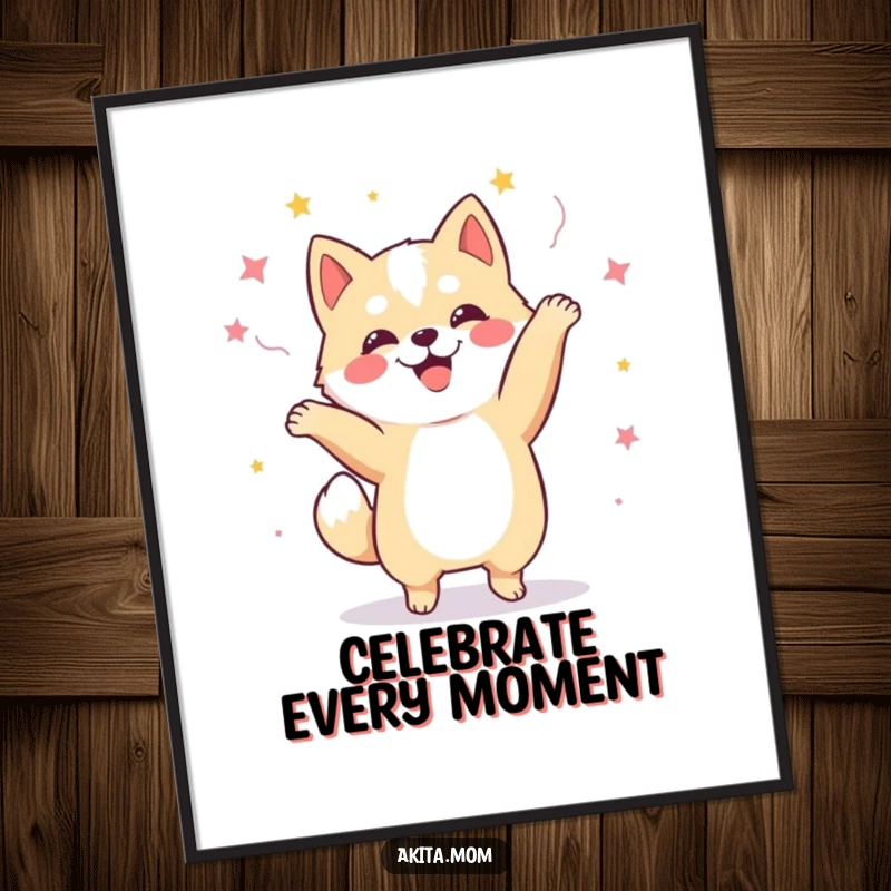 Funny Kawaii Akita dog poster, vividly illustrating a happy dog performing an energetic, celebratory dance, adding cheer to decor.