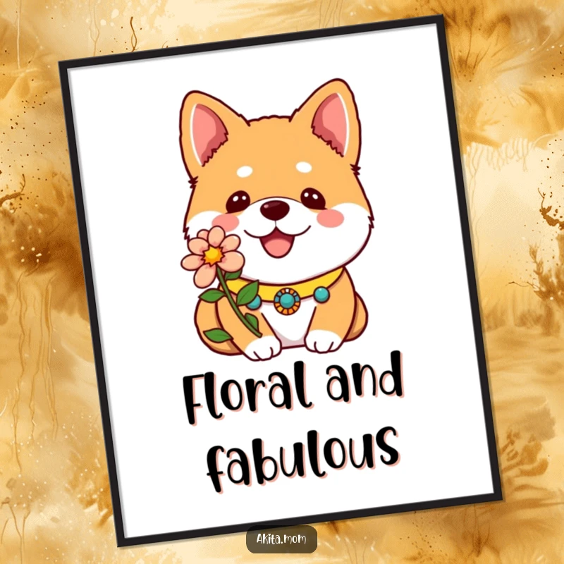 Funny Kawaii Akita Poster featuring a decorative collar and a single bright flower, a cute and heartwarming dog art print.