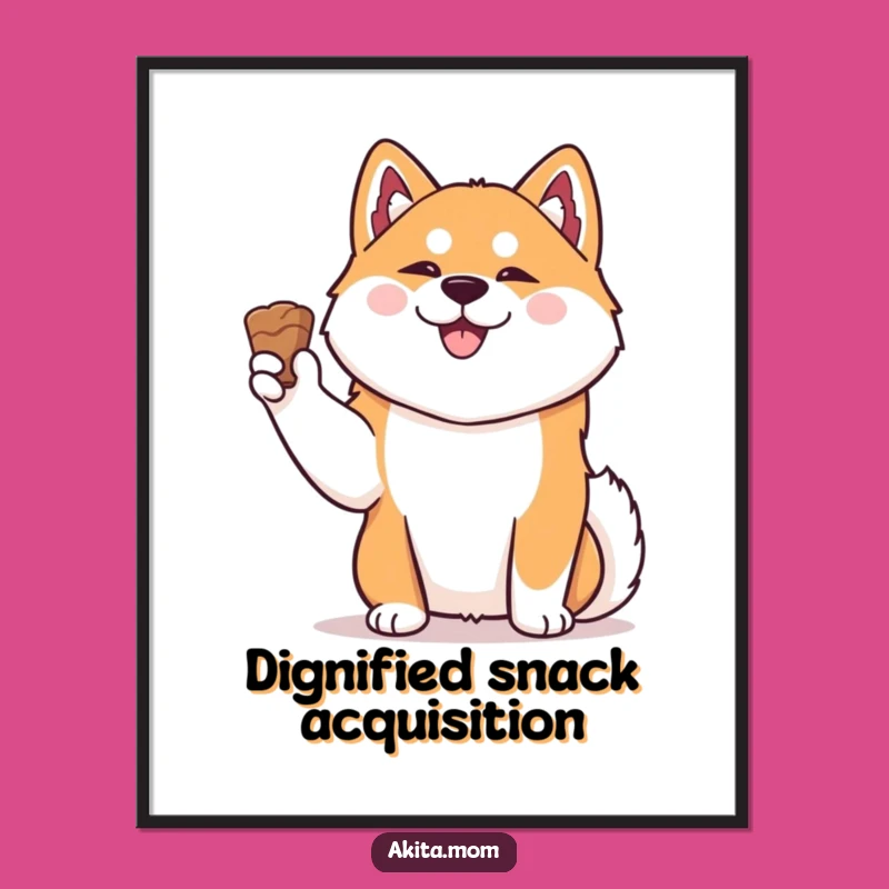 Funny Kawaii Akita Poster: Dignified Happy Dog with Treat Art, Humorous Wall Decor