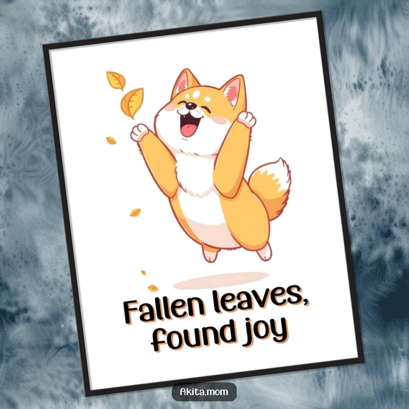 Funny Akita leaf chase poster print of a loyal Akita joyfully leaping to catch a falling leaf, embodying pure, unadulterated happiness.