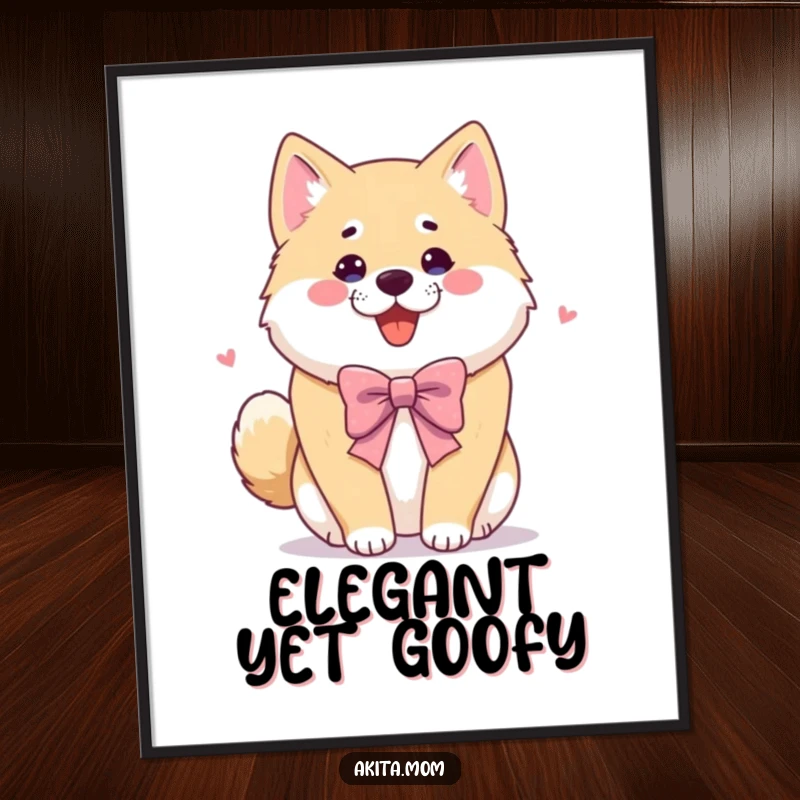 Funny Akita poster showing a dog in a playful, polite bow. Humorous wall art, a charming gift for dog admirers.