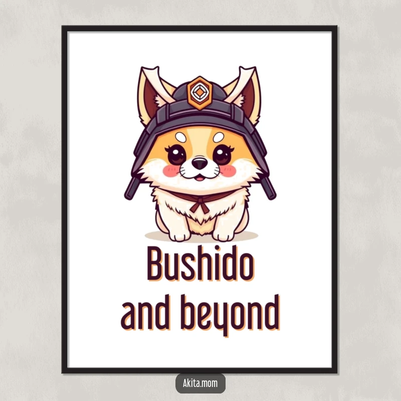 Funny poster of an Akita dog adorned with a small samurai helmet, exuding courage and a dash of flair.